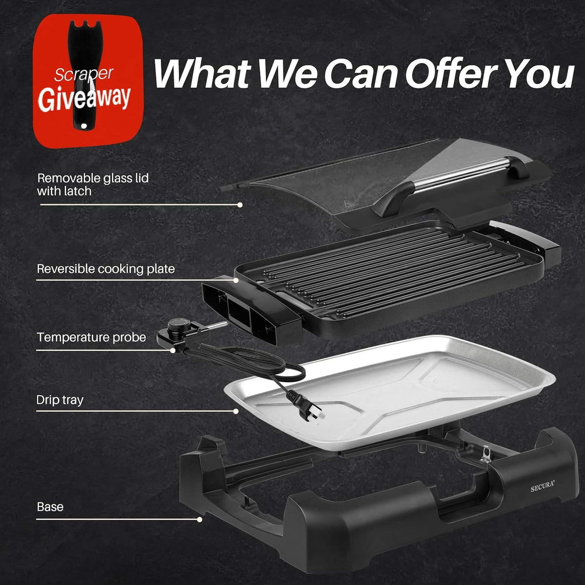 Smokeless Indoor Grill 1800-Watt Electric Griddle with Reversible 2 in 1 Grill and Griddle Plates Plate, Glass Lid