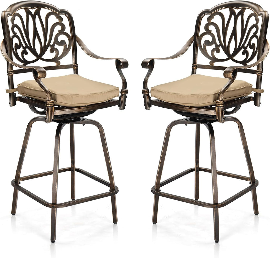 Outdoor Swivel Bar Stools Set of 2, Cast Aluminum Patio Bar Height Chairs, All-Weather Bar Dining Chairs Outdoor