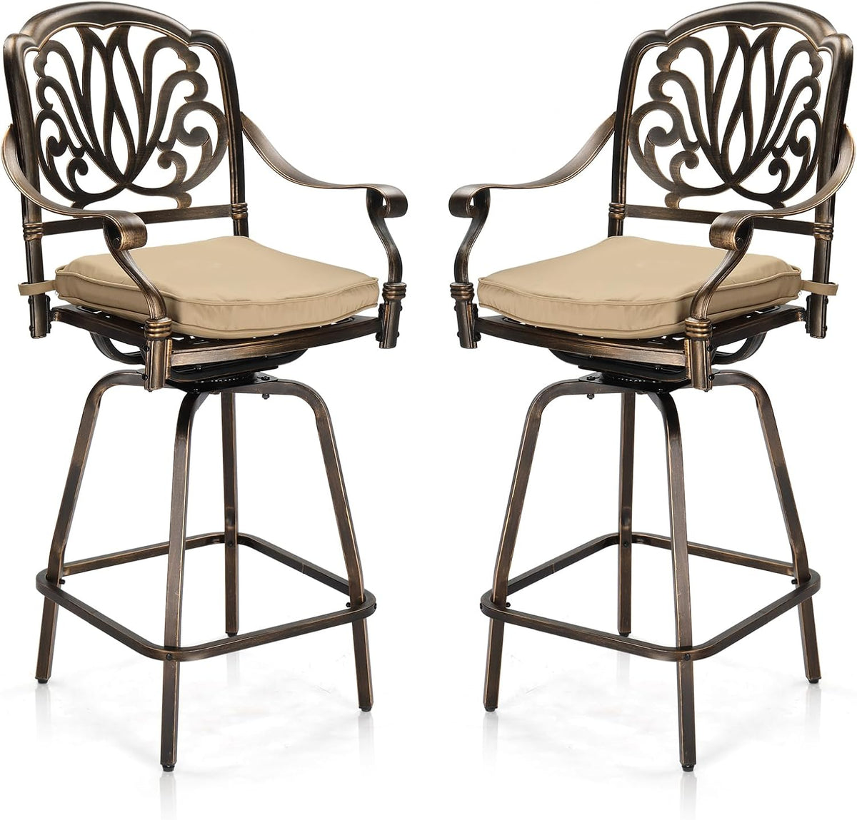Outdoor Swivel Bar Stools Set of 2, Cast Aluminum Patio Bar Height Chairs, All-Weather Bar Dining Chairs Outdoor
