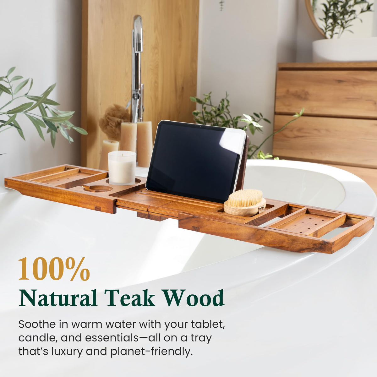 Teak Bathtub Tray Caddy, Adjustable Wood Bath Organizer