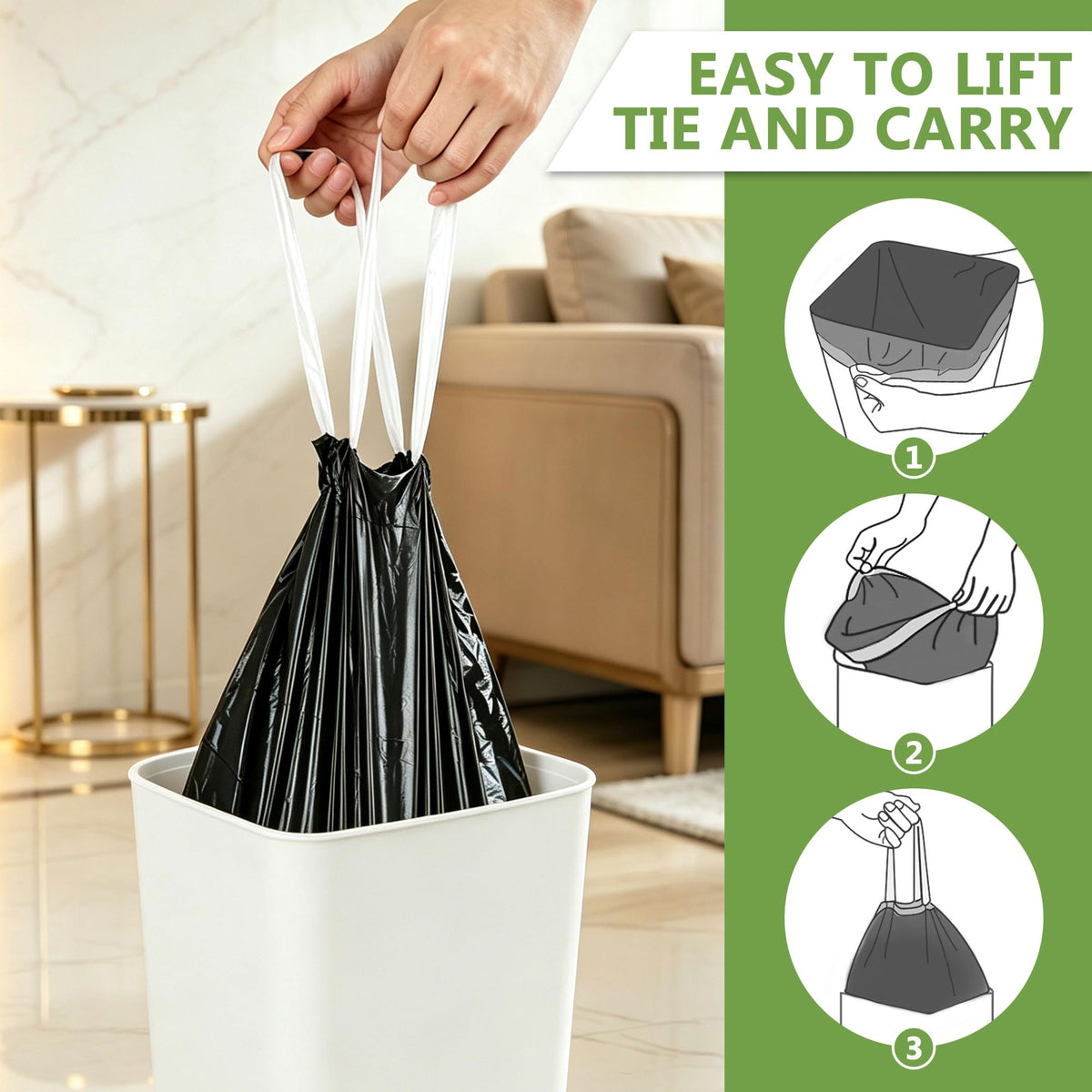 6 Gallon Trash Bags Drawstring, 132 Count, Black