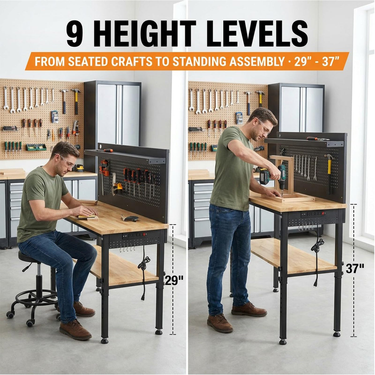 60'' Adjustable Workbench, Shelf & Pegboard, 2000 LBS Load, Rubber Wood Top