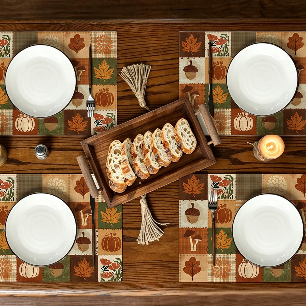 Plaid Pumpkin Maple Leaves Fall Placemats Set of 4