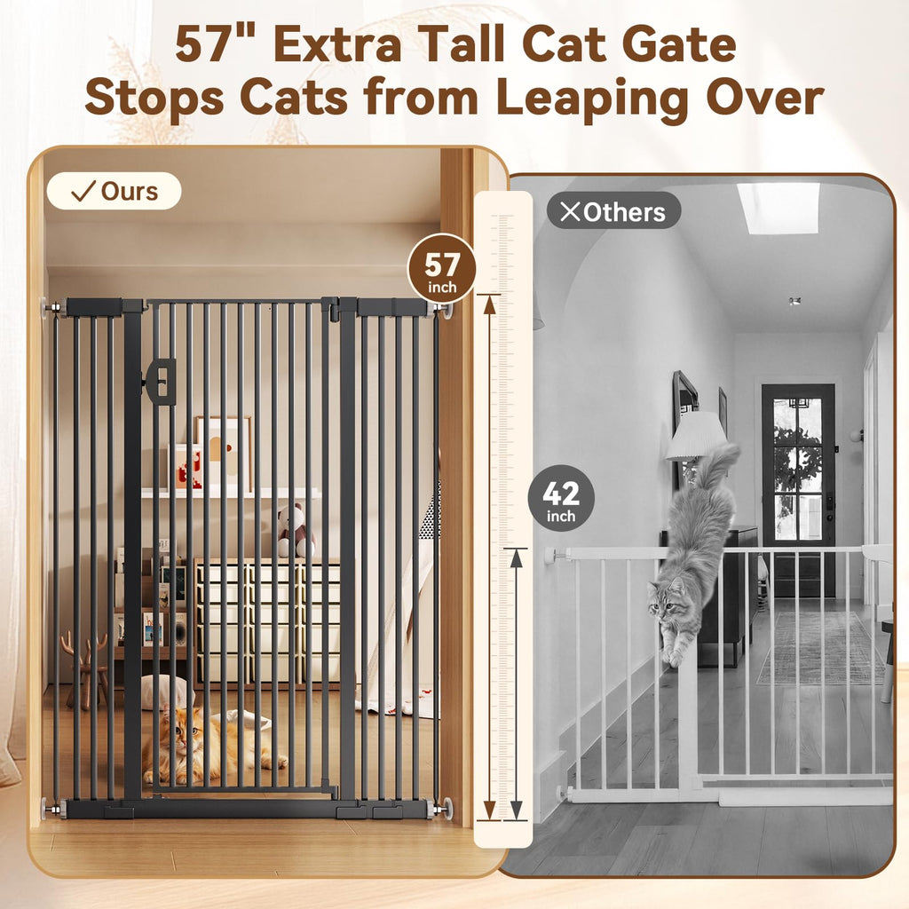 57" x 29.5-43" Wide Extra-Tall Full-Height Anti-Jump Cat & Pet Safety Gate with No-Drill Pressure Mount & Auto-Close Walk-Through Door
