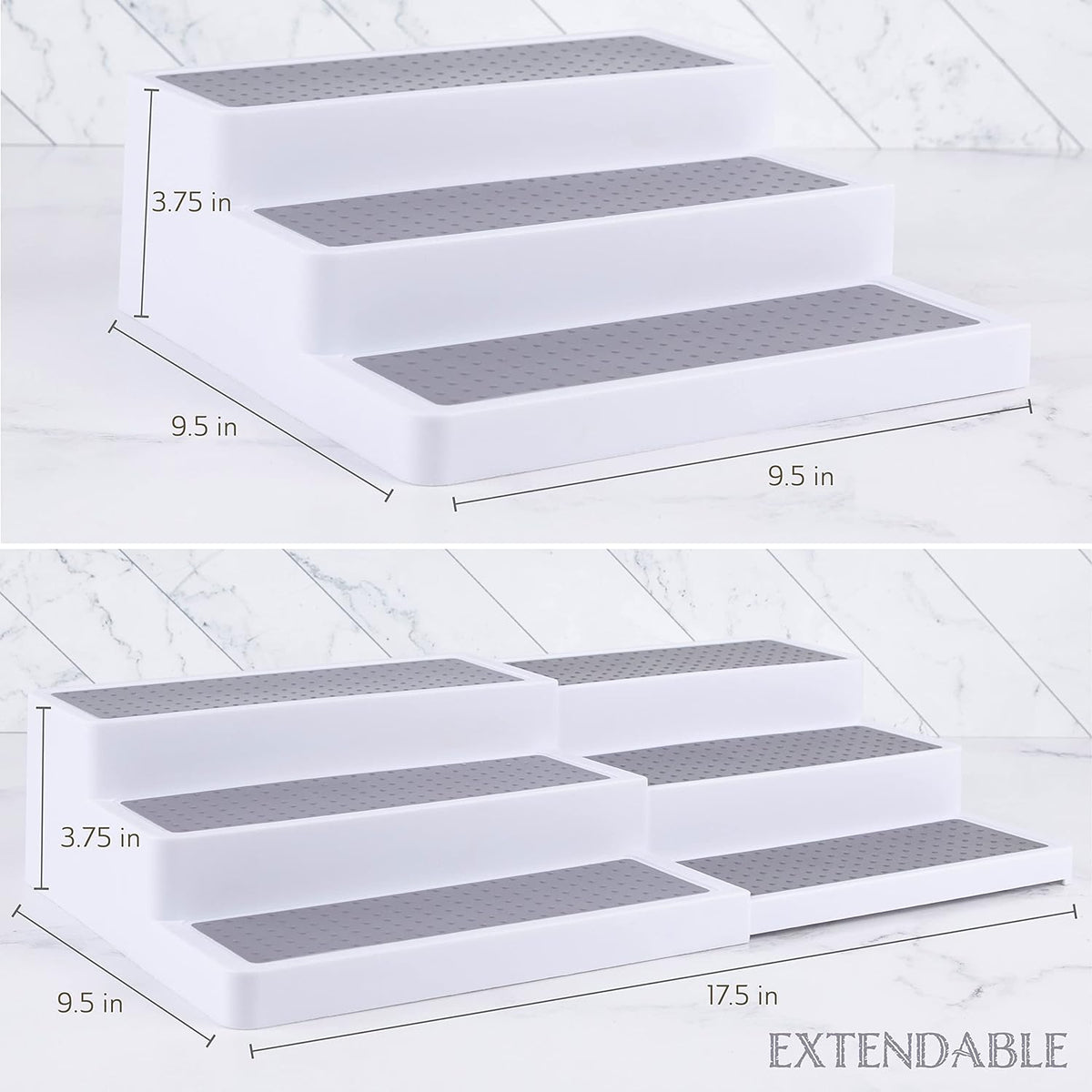 3–Tier Expandable Plastic Spice Rack - Adjustable Length, Stability with Non-Skid Shelf, Three Tiers for Easy