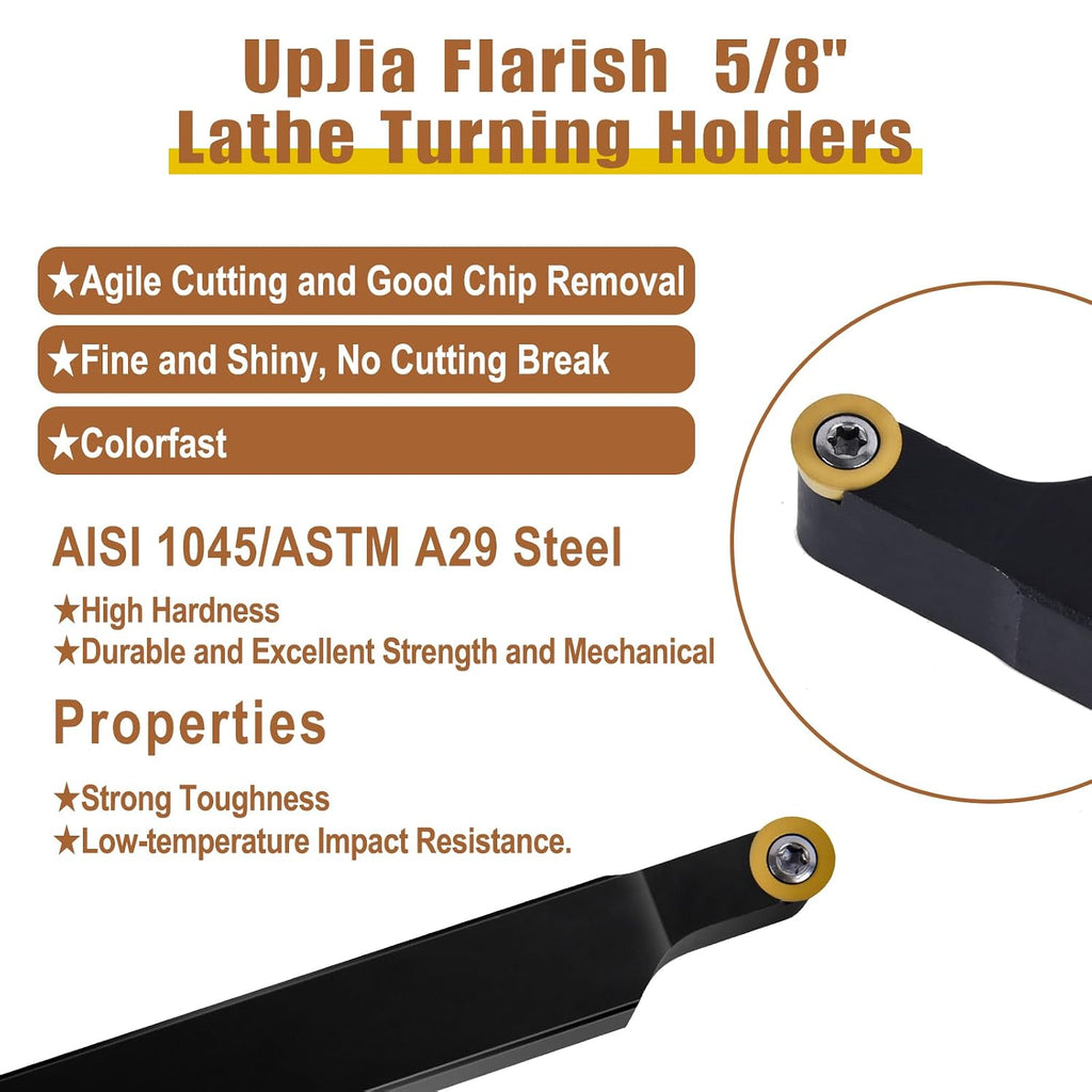 UpJiaFlarish Carbide Lathe Tool with Blade Holder - 5/8 inch SRAPR1616H10 & SRAPL1616H10 + 10pcs Carbide Inserts RPMT10T3 for Metal Lathe Cutting Tool