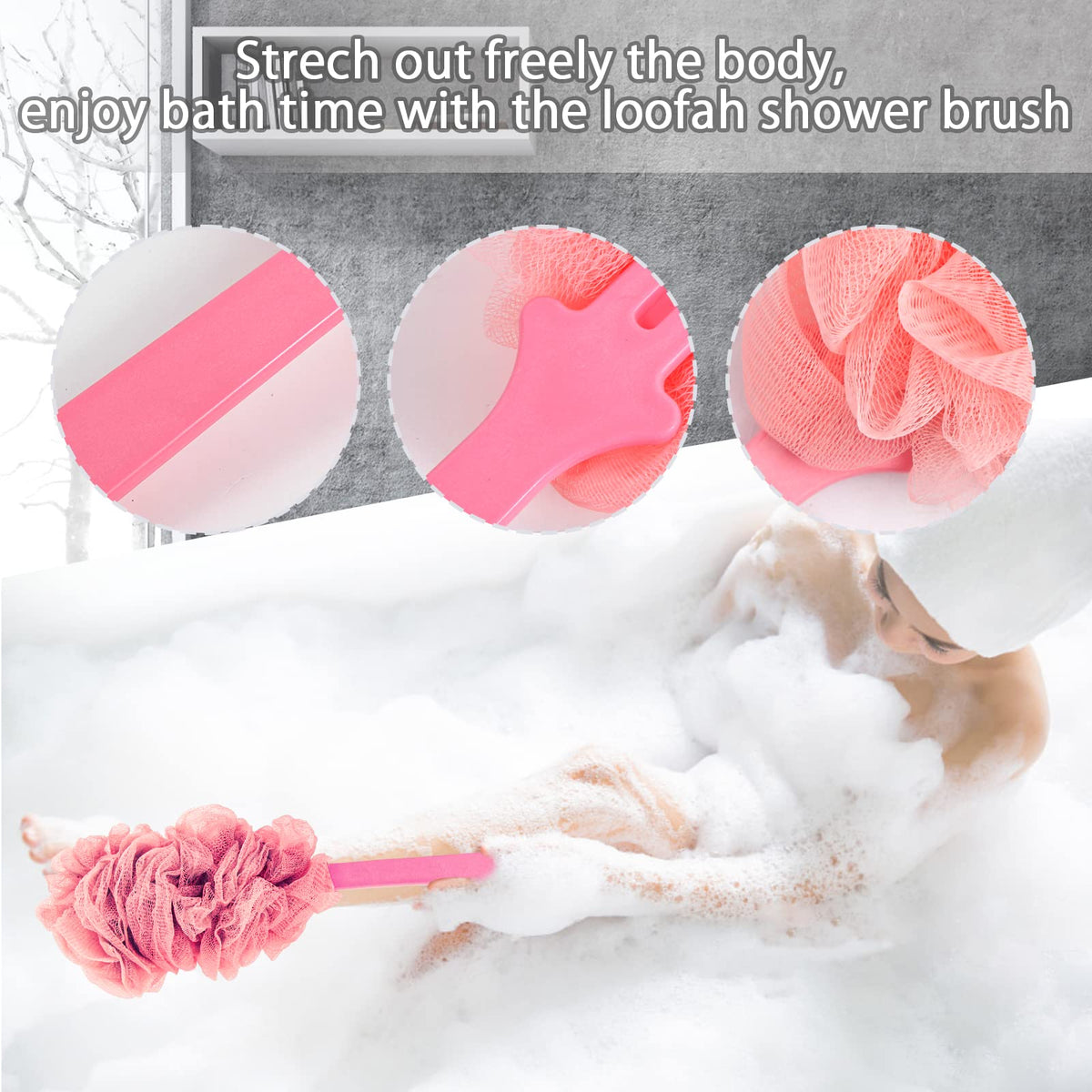 Back Scrubber for Shower, Loofah Sponge Brush Exfoliating Body, Long Handle Scrub Brush for Shower with Loofah on a