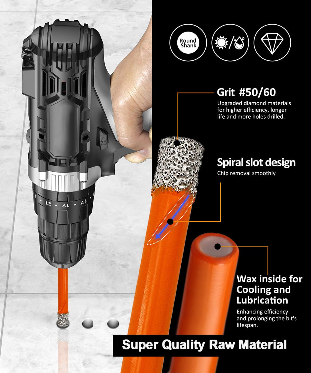 BGTEC Dry Diamond Drill Bit Set,10pcs 1/4" 6mm Tile Bits Hole Saw