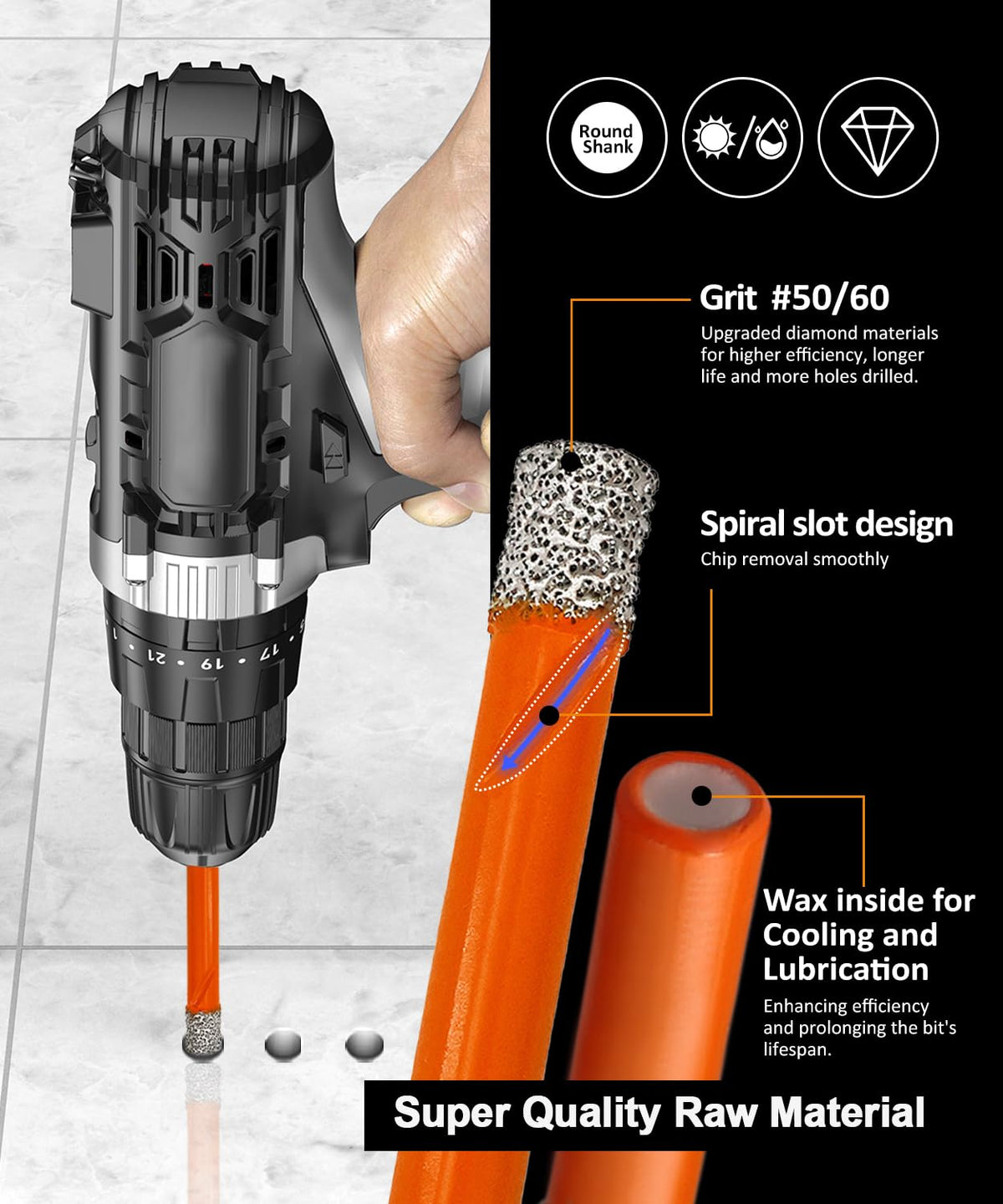 BGTEC Dry Diamond Drill Bit Set,10pcs 1/4" 6mm Tile Bits Hole Saw
