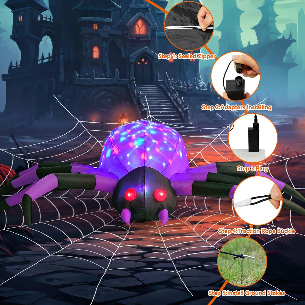 9FT Halloween Inflatables Decorations Purple Spider Yard LEDs Decor