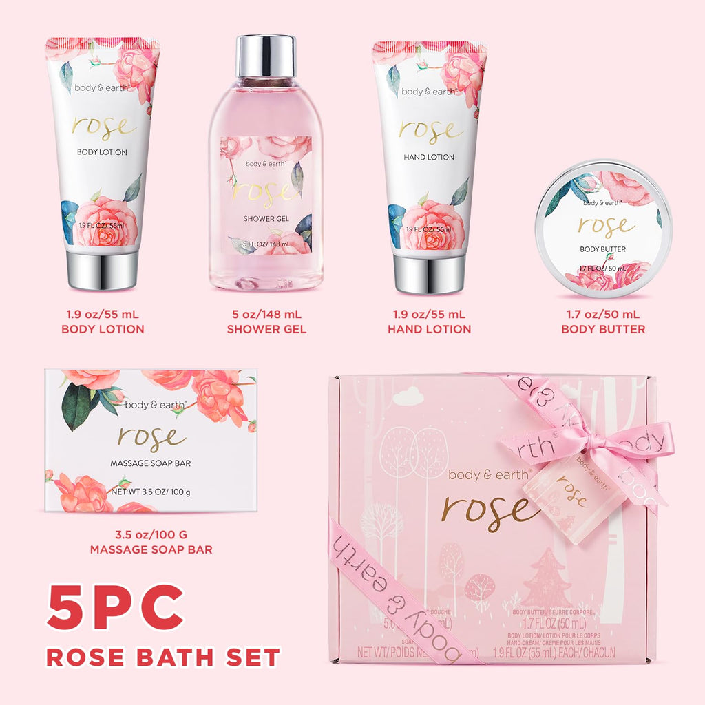 Spa Gift Set for Women - Luxurious 5 Pcs Bath and Body Box, Rose Scent, Includes Body Wash, Body Butter, Body Lotion