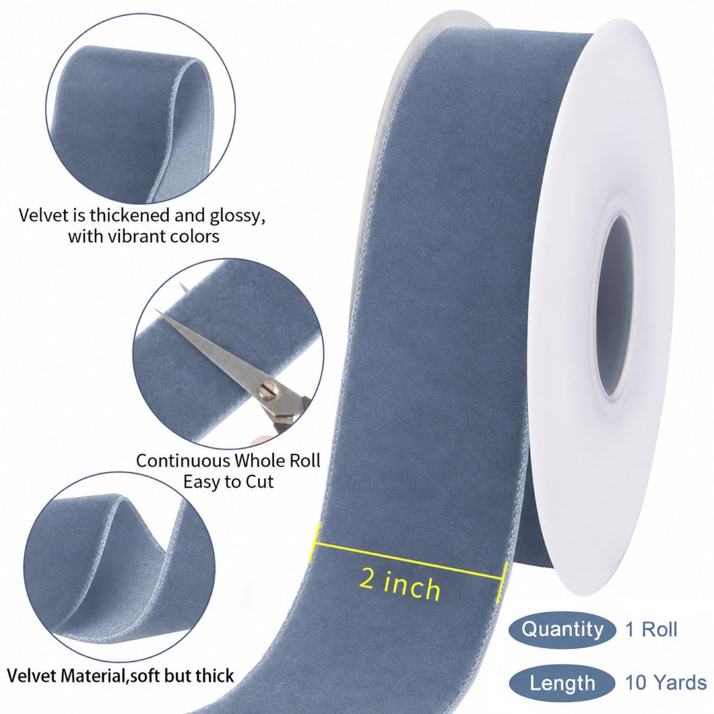 10 Yards Dusty Blue Velvet Ribbon for Christmas Tree, 2 Inch