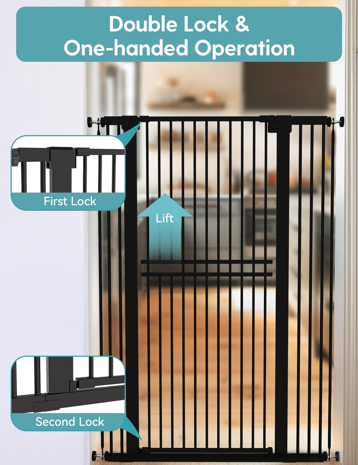 55" x 29-40" Wide Extra-Tall & Extra-Wide Adjustable Hardware/Pressure-Mounted Pet & Child Safety Gate with Dual-Lock Walk-Through Swing Door for Stairs, Hallways & Wide Doorways — Black