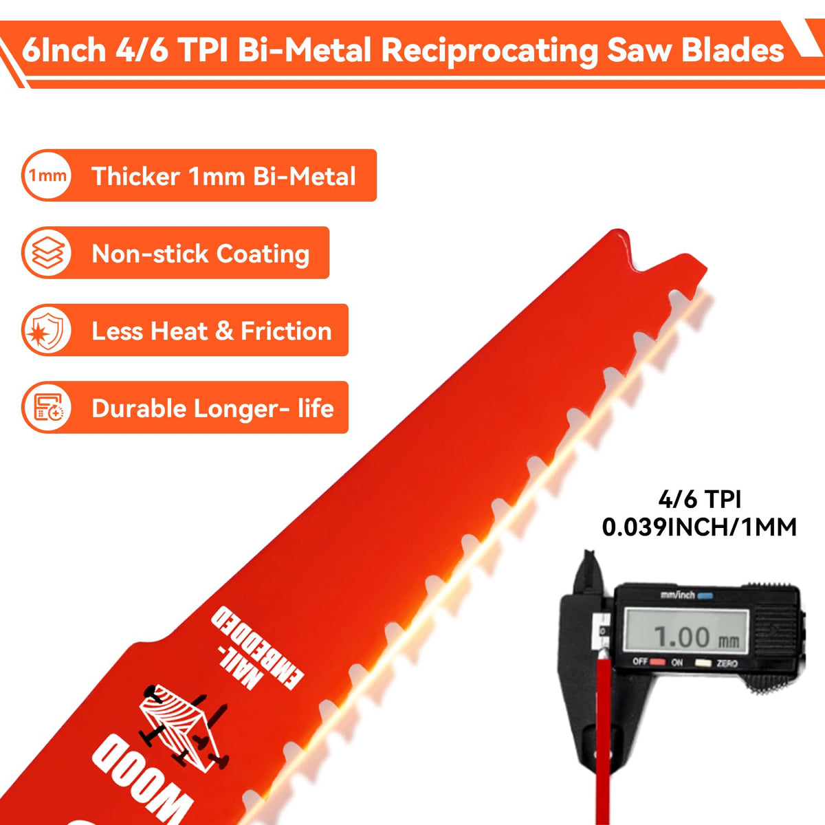 10 Pack 6 Inch 4/6 TPI Reciprocating Saw Blades for Wood and Nail-Embedded Wood Cutting, Bi-Metal Sawzall Blades for Cutting Nail and PVC Pallets etc, for Diablo Sawzall Blades DS0912BW15