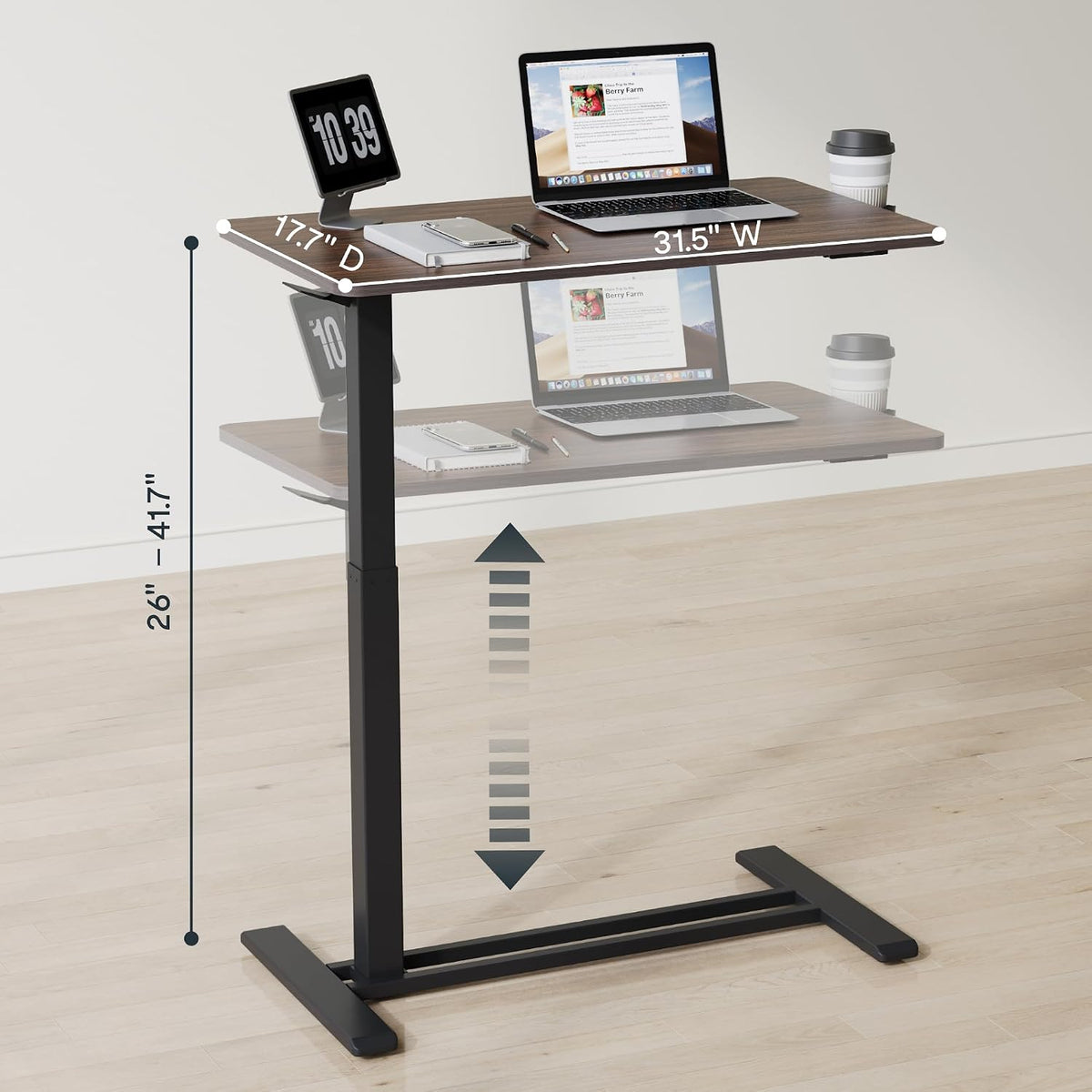 H7 32" Pneumatic Height-Adjustable Overbed Table with Wheels