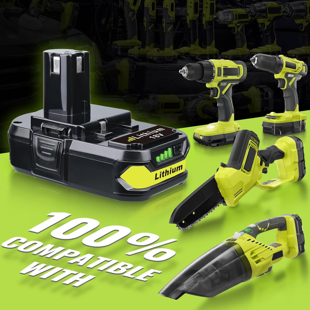 【2-Pack】 4.0Ah Lithium-Ion Battery for Ryobi 18V Tools, Replacement for P107 P108, Compatible with All Ryobi 18V