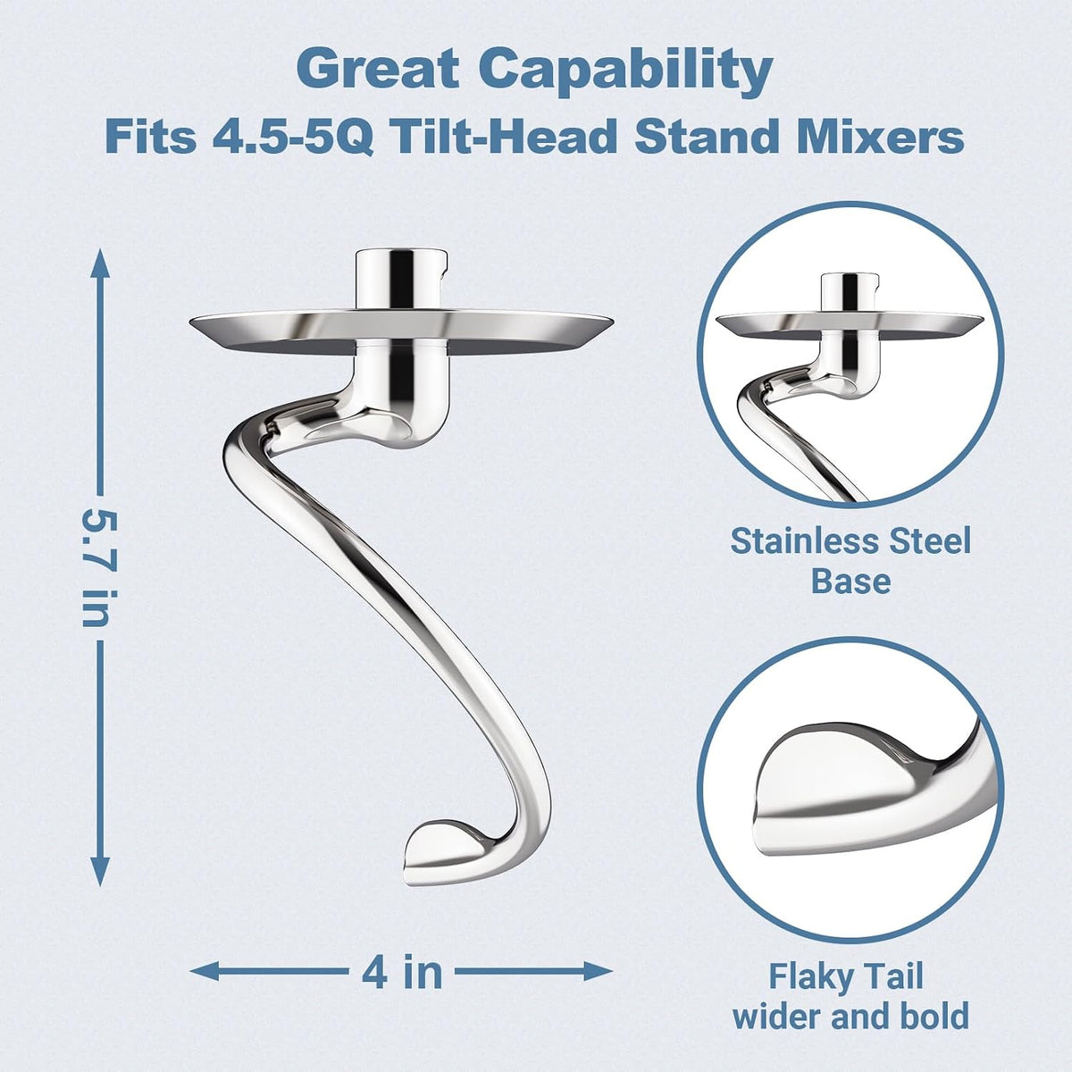 Stainless Steel Spiral Dough Hook for Kitchenaid Stand Mixer | 4.5 Qt - 5 Qt Tilt-Head Stand Mixer Attachments for