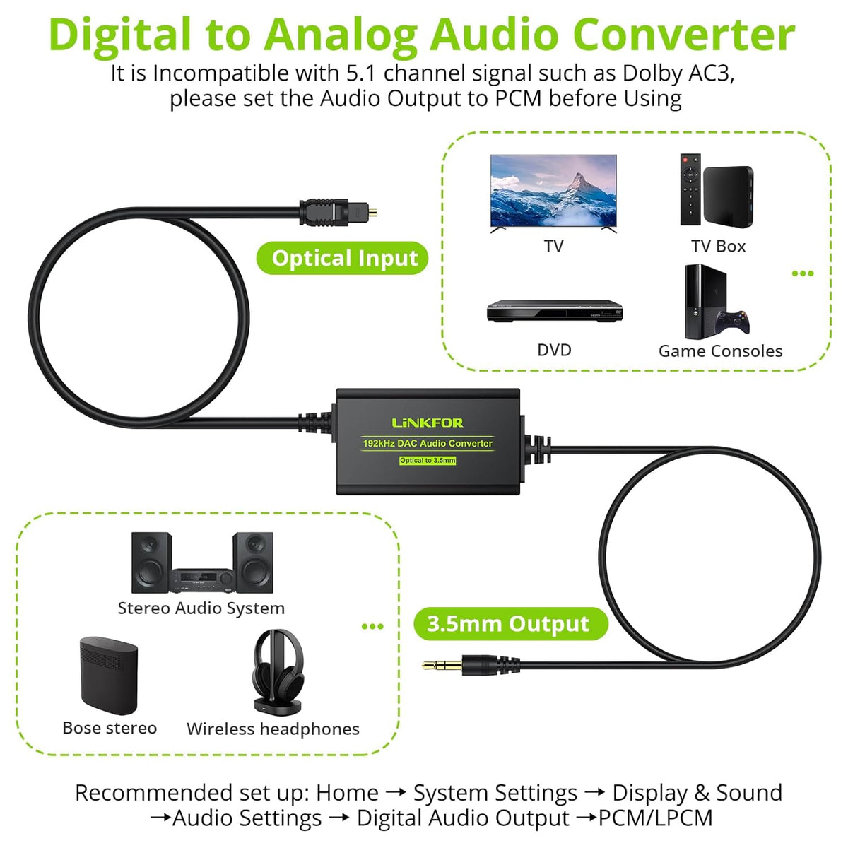 192kHz DAC Converter SPDIF to 3.5mm AUX Digital to Analog Audio Converter Optical Toslink to 3.5mm Audio Adapter with