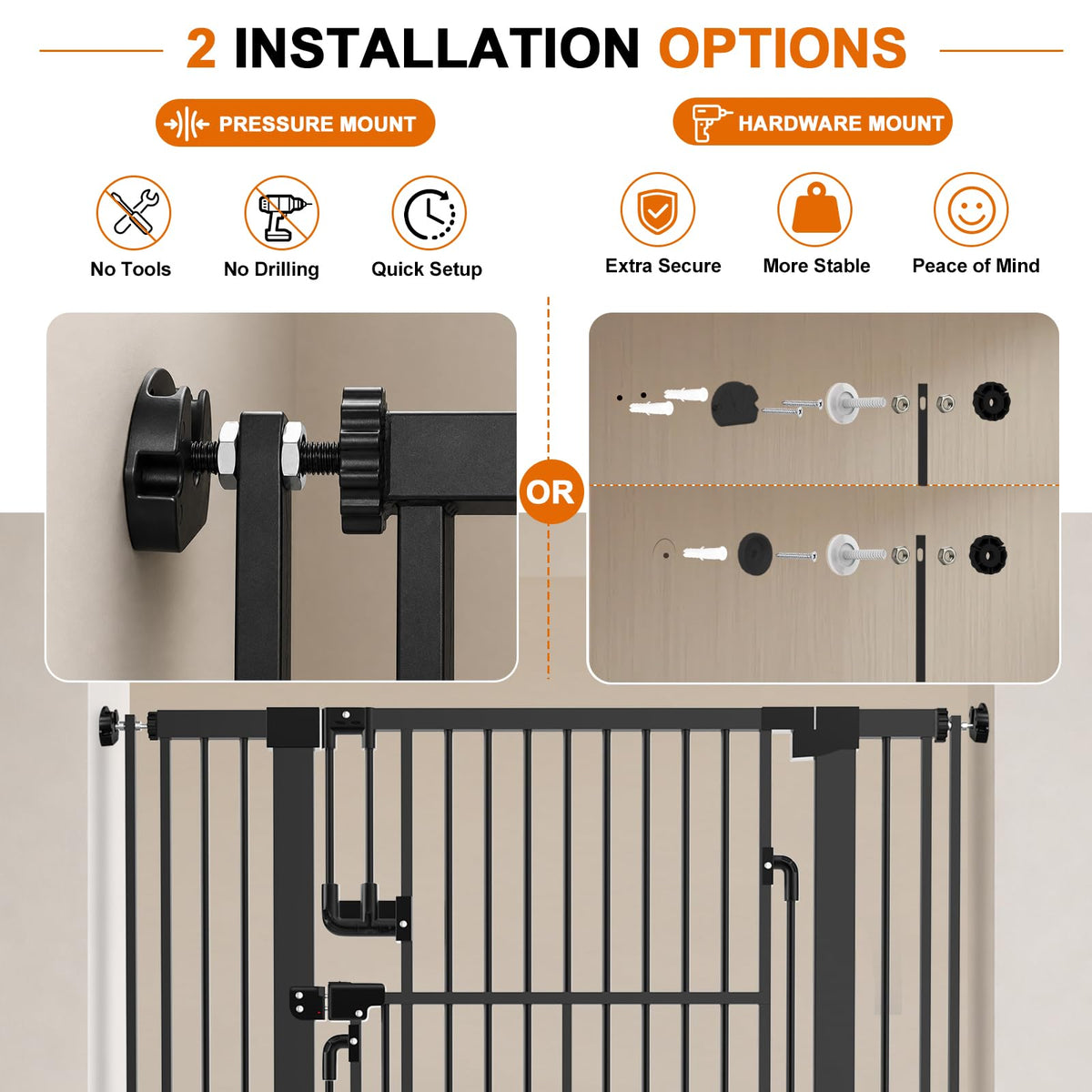 51" Extra-Tall Full-Height Anti-Jump Cat & Pet Safety Gate with Narrow Bar Spacing & Double-Lock Walk-Through Door for Doorways & Stairs