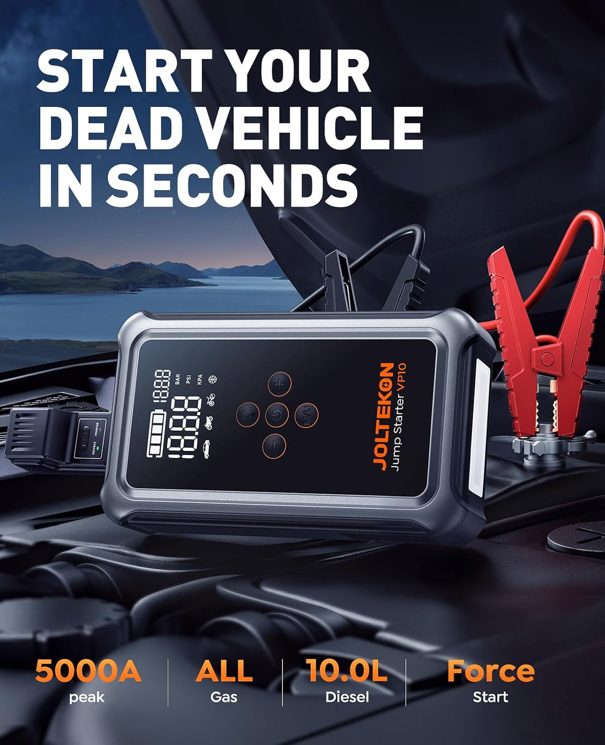 Jump Starter with Air Compressor, 5000A Portable Car Battery Jumper Starter(All Gas/10L Diesel) with 150PSI