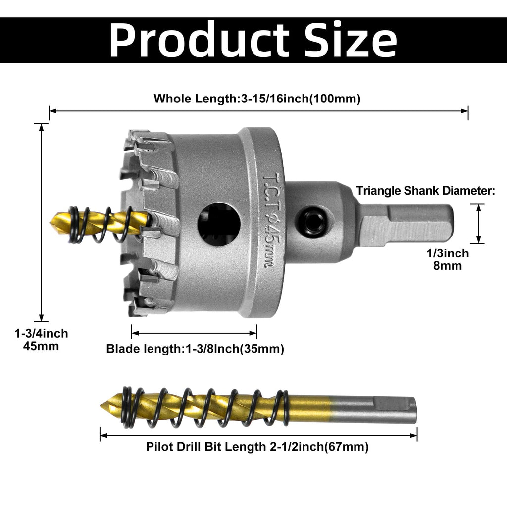 SALI 1-3/4" (45mm) TCT Hole Saw Kit Tungsten Carbide Tipped Hole Saw Drill Bit with Titanium-Plated Pilot Drill bit for Metal, Stainless Steel, Iron, Wood, Plastic