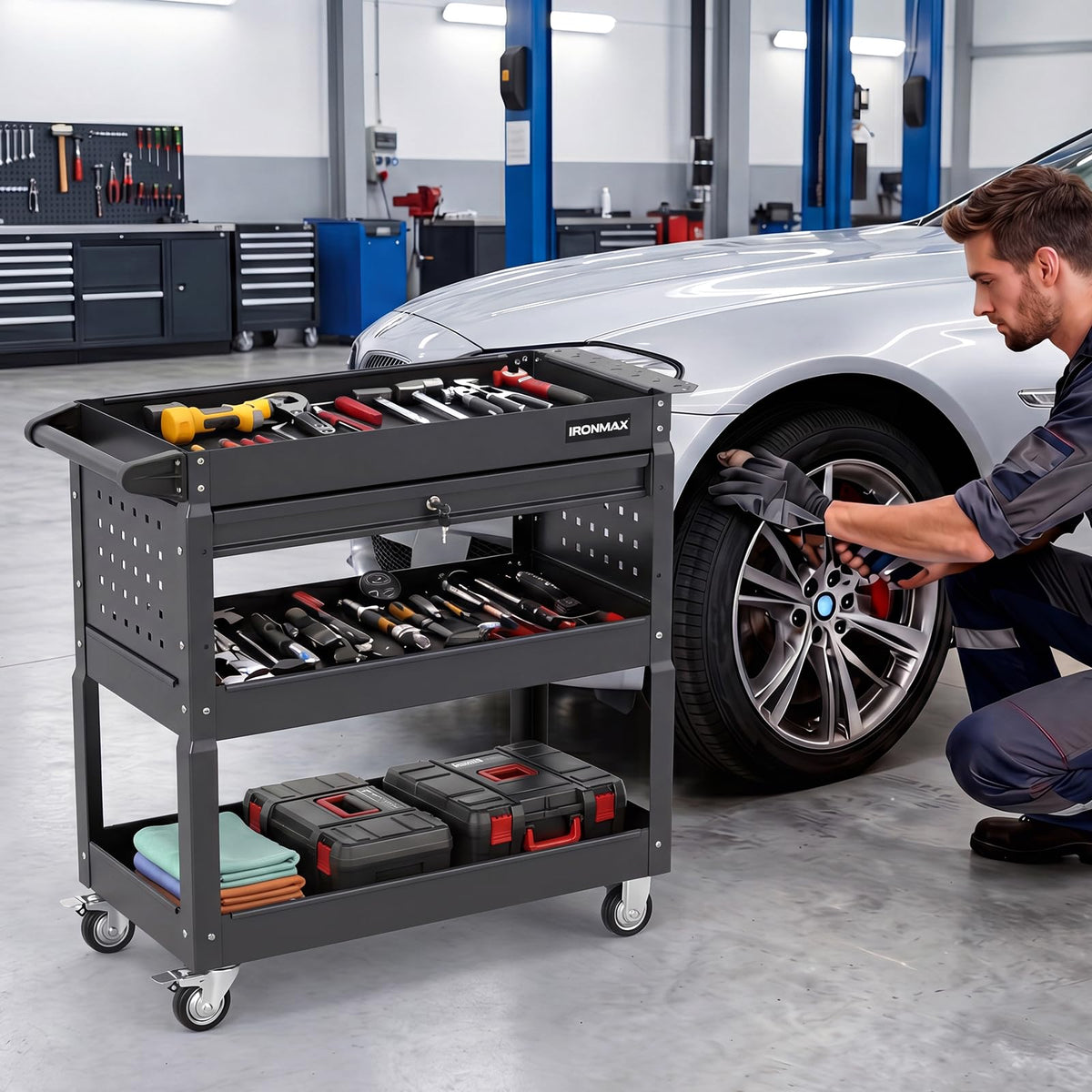 3 Tier Rolling Tool Cart with Lockable Drawer, Heavy Duty Metal Utility Cart on Wheels with Pegboards & Hooks