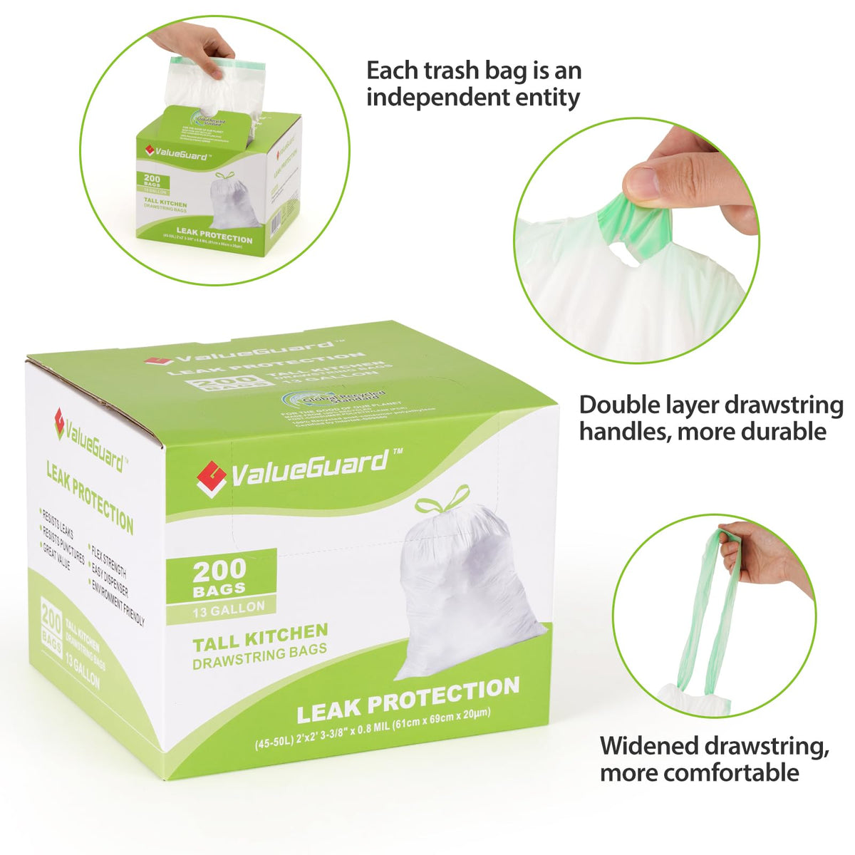 Large Trash Bag 13 Gallon Tall Drawstring 100% Post-Consumer Recycled Garbage Bag Waste Bag for Kitchen Office 0.8