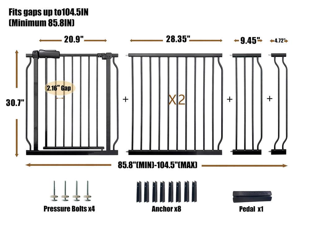 85.8-105" Extra-Wide Adjustable Hardware/Pressure-Mounted Pet & Child Safety Gate with Dual-Lock Walk-Through Swing Door for Stairs, Hallways & Wide Doorways