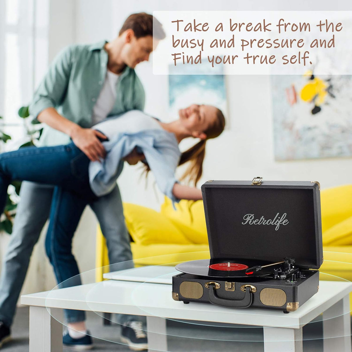 Vinyl Record Player with Speakers, Bluetooth Vinyl Player-Black | Portable, 3-Speed BT Turntable, Belt-Driven, RCA