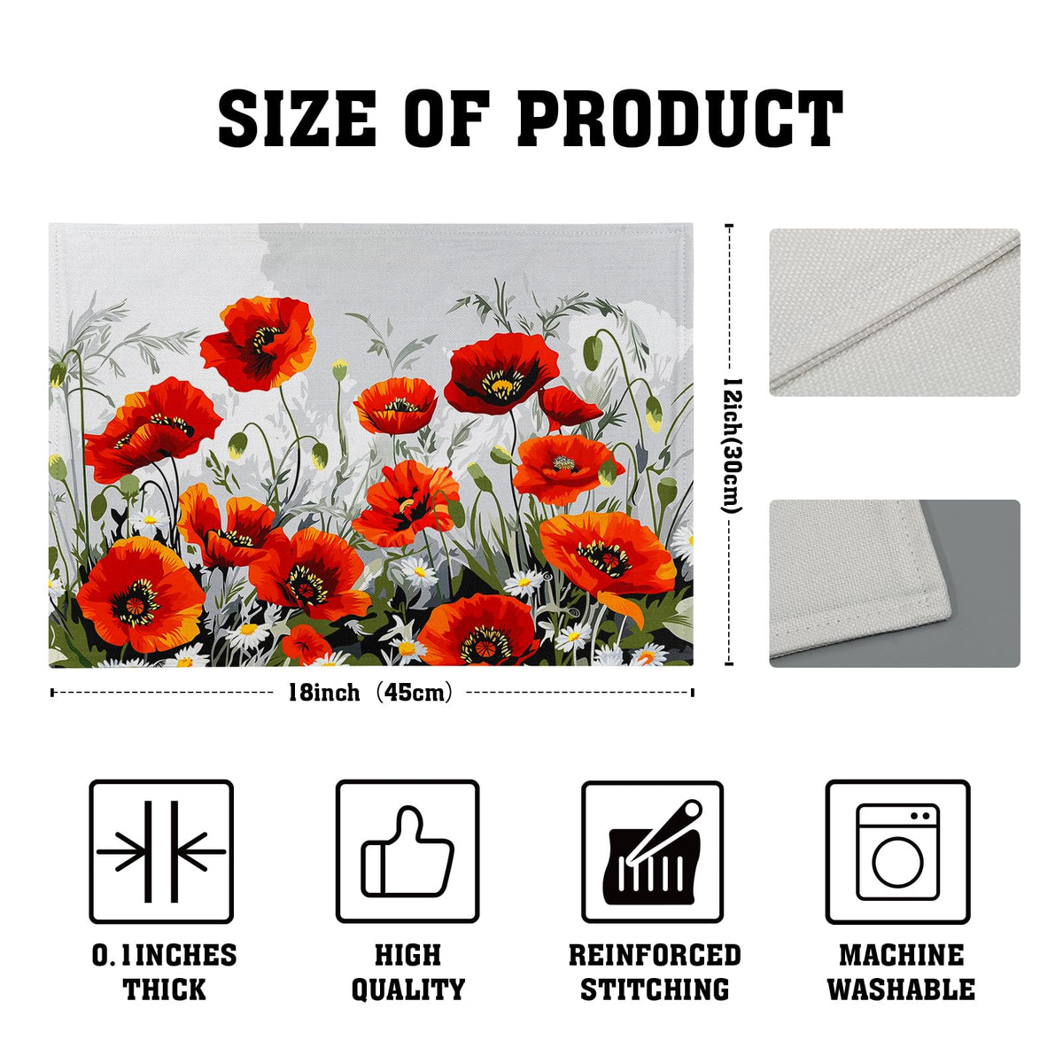 Poppy Flowers Placemats Set of 4, 12"x18" Rustic Red Orange Floral Linen Place Mat, Spring Summer Washable Non-Slip