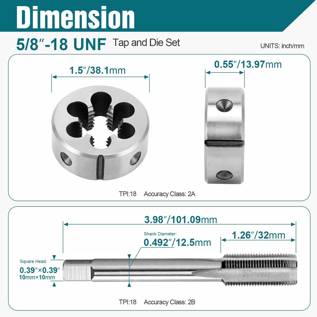 5/8"-18 UNF Tap and Die Set, Right-Hand HSS M2 Machine Thread Tap Die Set