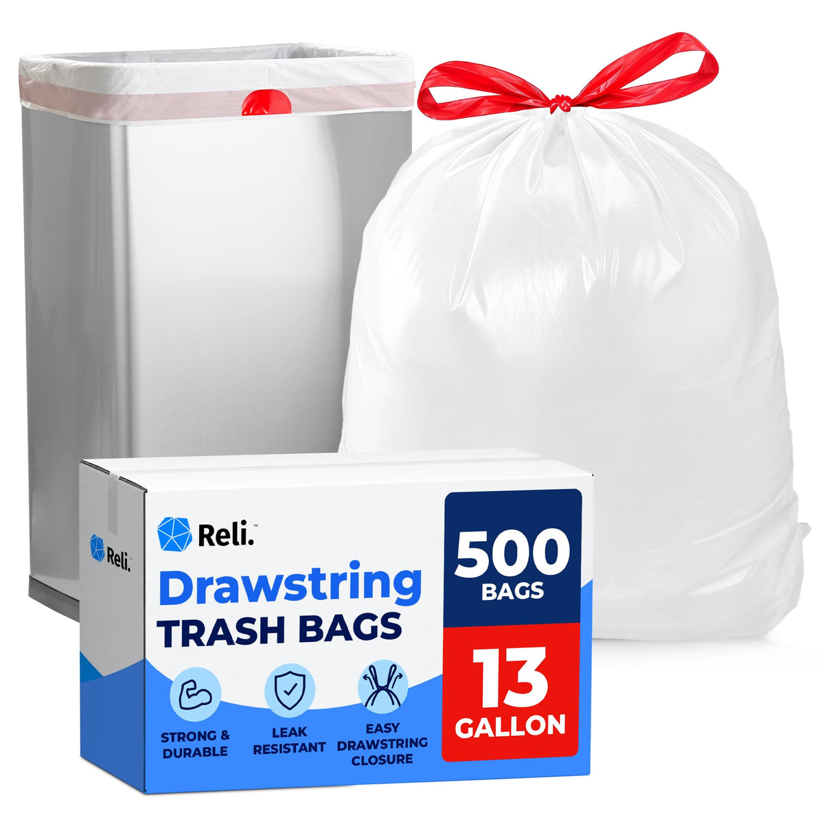 Tall Kitchen Drawstring Trash Bags 13 Gallon | 500 Count Bulk, White