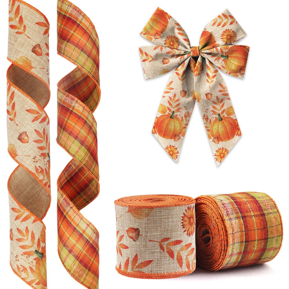 2 Rolls Fall Ribbons for Wreath Bows Wrapping Gifts, Orange Plaid Pumpkin Autumn Ribbon for Gift Wrapping