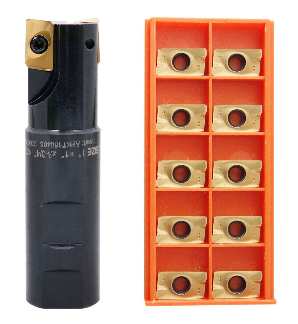 Accusize Industrial Tools 1" 90° Square Shoulder Indexable End Mill w/ 10 add'l APKT1604 Inserts, 1" Shank, 3-3/4" OAL, 0.551" ap, 2 Flutes, APKT1604, Carbide Inserts, 0056-0921+0056-1604