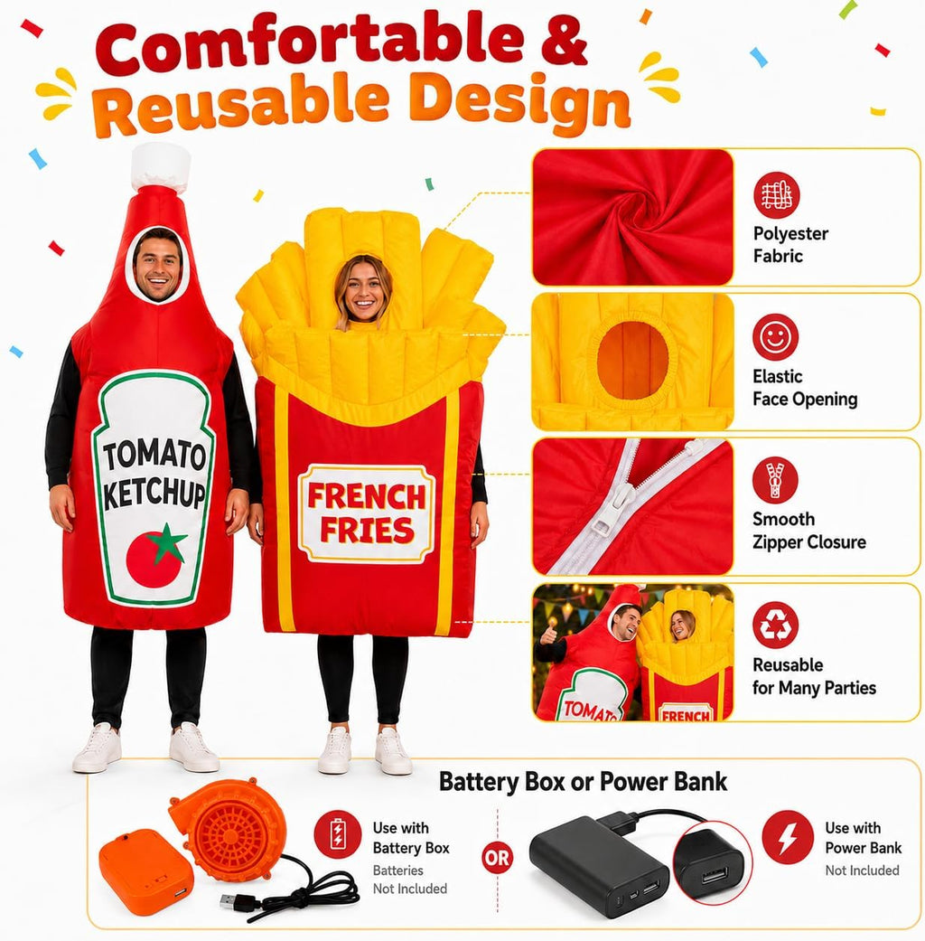 Adult Inflatable Couple Costume, Ketchup and Fries Party Outfits