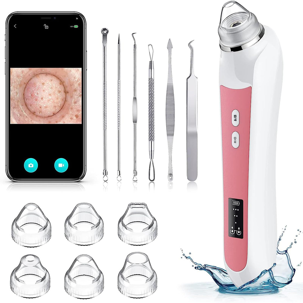 Blackhead Remover with Camera, 3 Levels, 6 Heads, USB Rechargeable