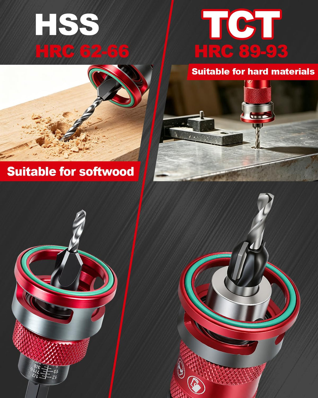 8PCS Upgrade Countersink Drill Bits Set, Quick-Adjust Two Flute TCT Alloy Tapered Counterbore with Adjustable Depth Stop Collar, Wood Countersink Drill Bit with Wrench for Woodworking Plywood MDF DIY