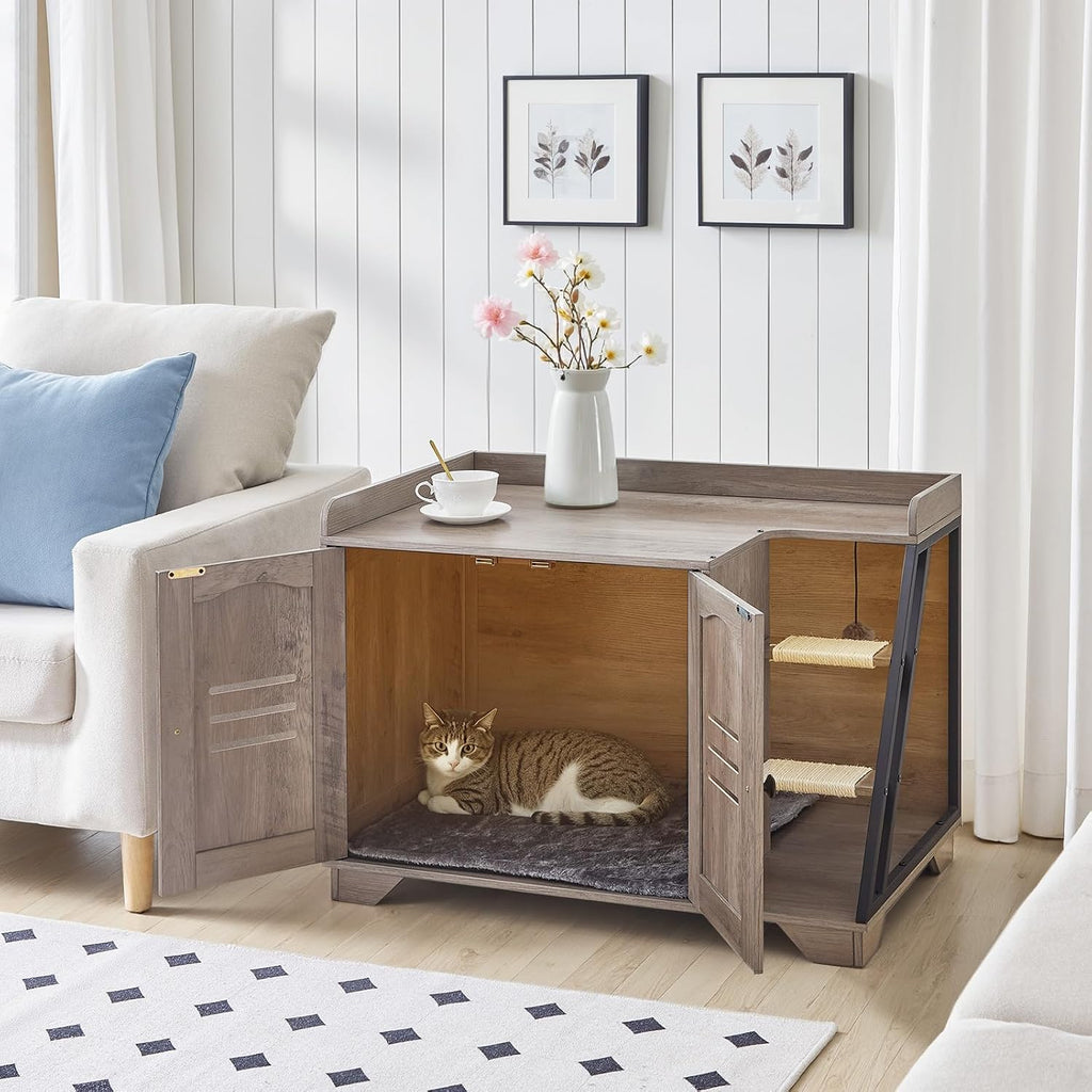 Cat Litter Box Enclosure with Ladder, Hidden Litter Box Furniture with Rechargeable 3-Color LED, Plush, Teaser Balls