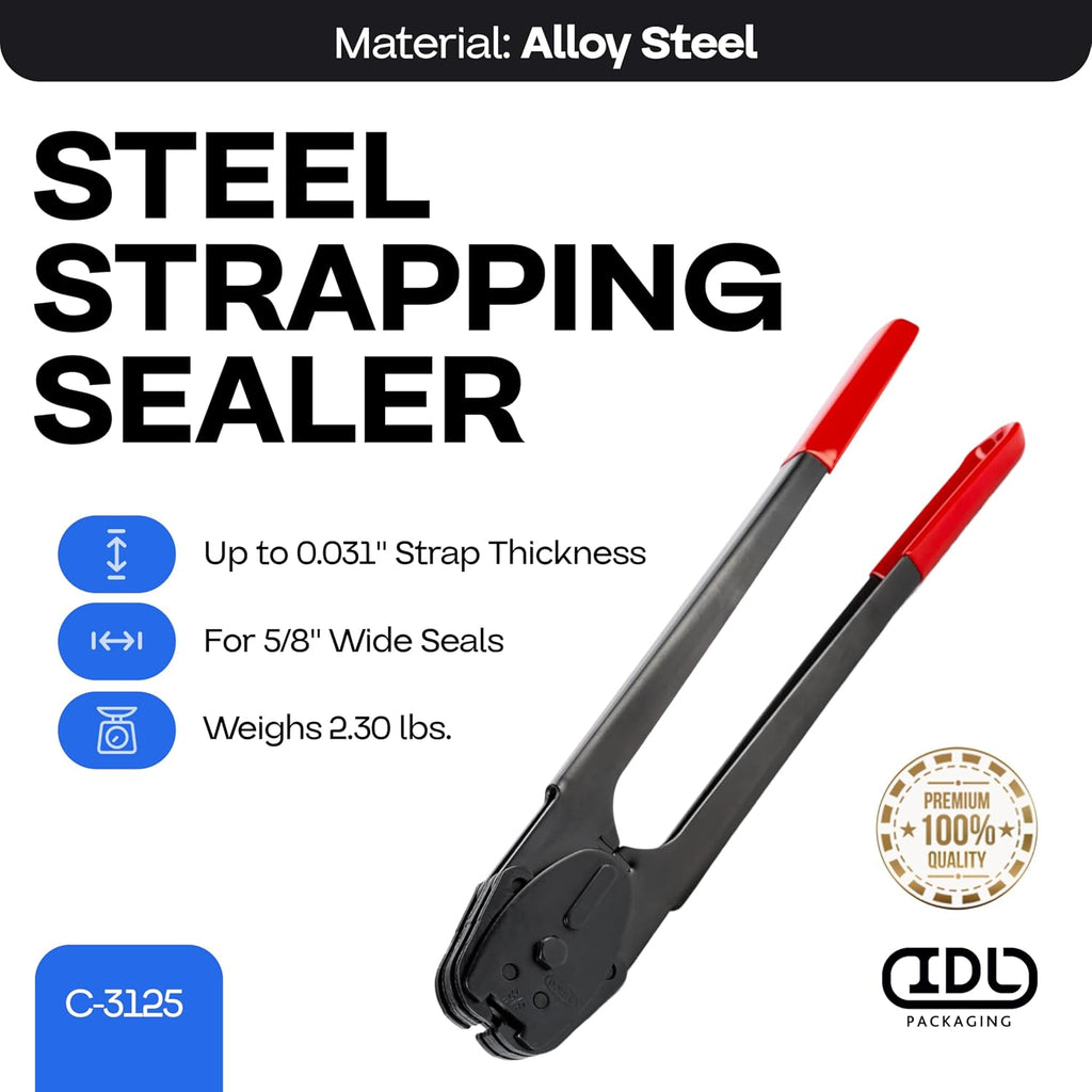C-3125 Double-Notched Front-Action Sealer/Crimper for 5/8" Steel Strapping – Durable Tool with Long Handle – Good for
