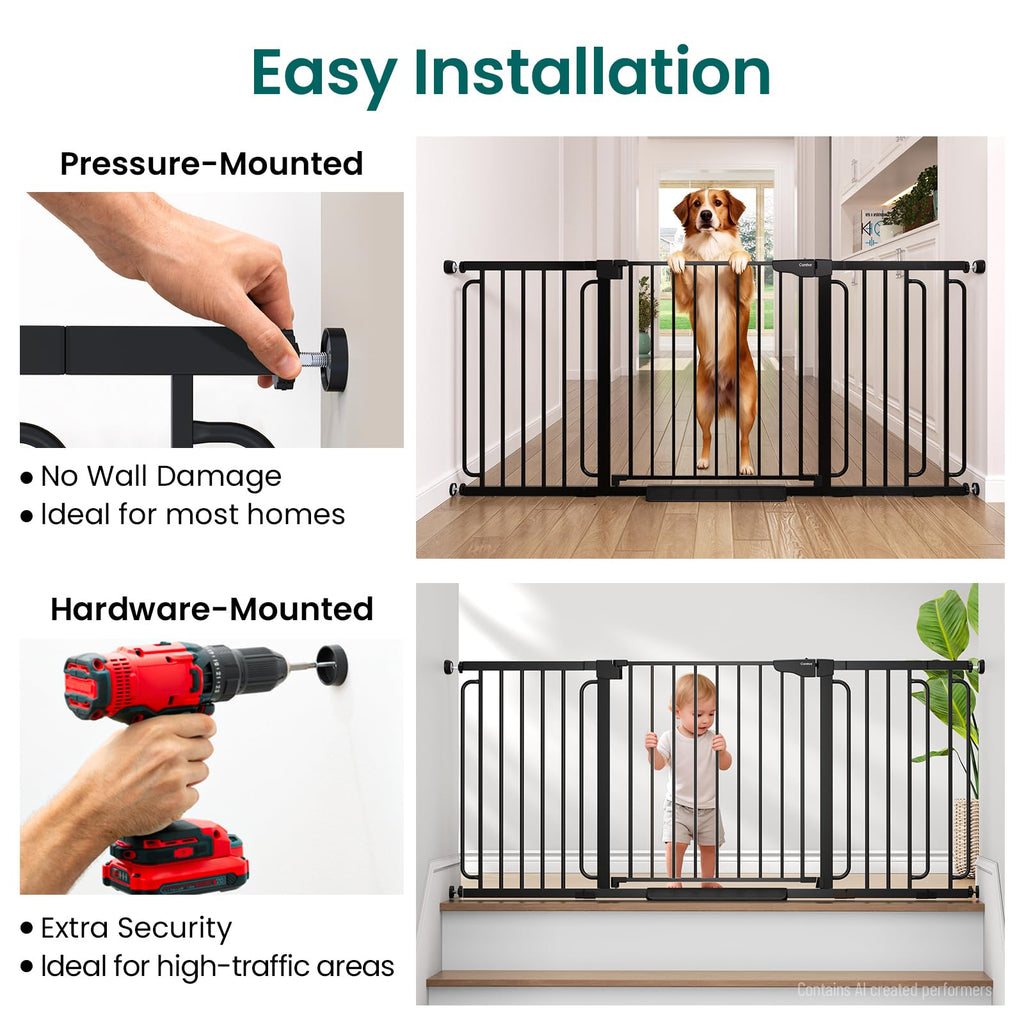 36.6-69" Extra-Wide Adjustable Hardware/Pressure-Mounted Pet & Child Safety Gate with Dual-Lock Walk-Through Swing Door for Stairs, Hallways & Wide Doorways — Black