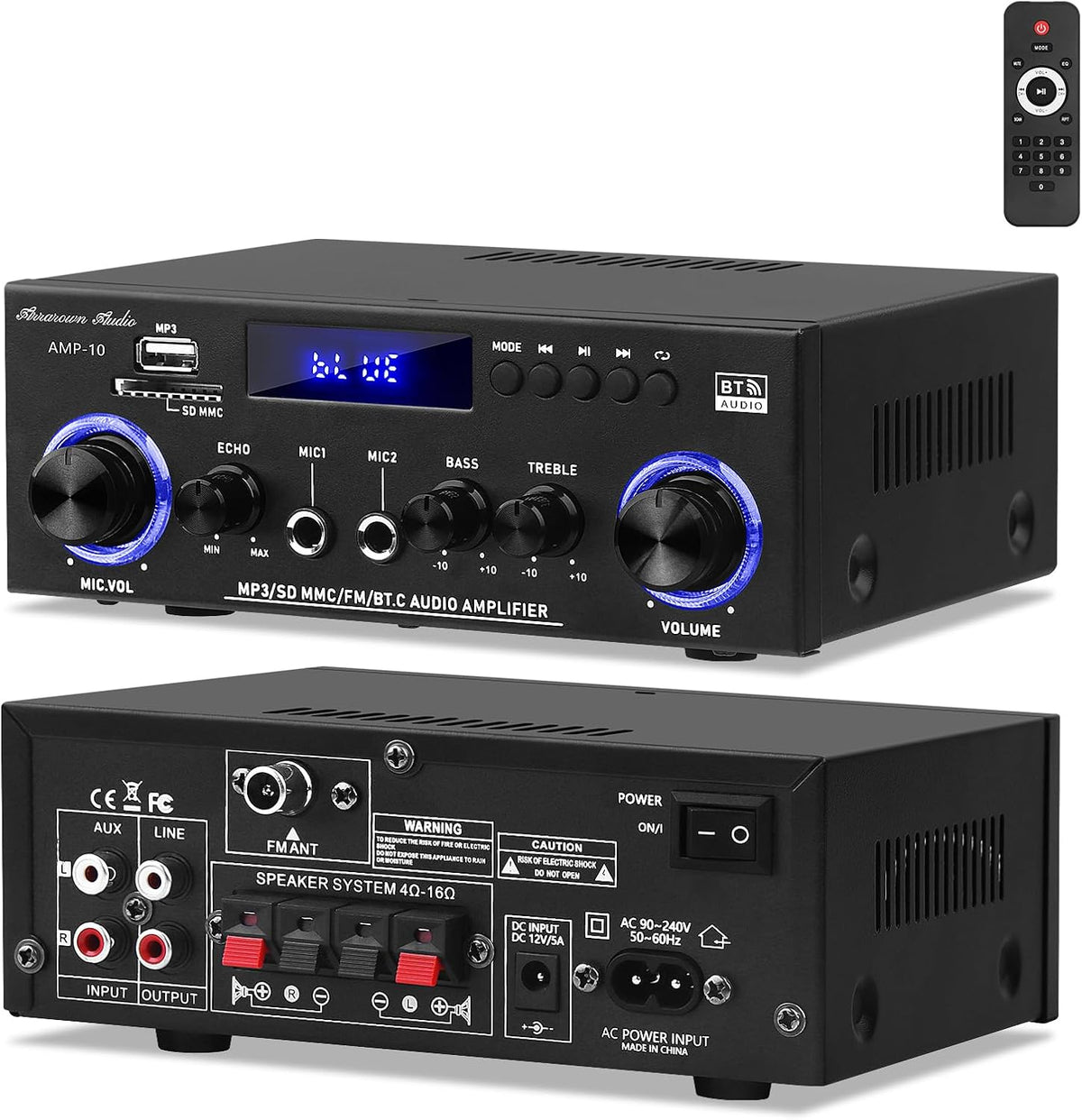 AMP 10 Bluetooth Amplifier, Home Stereo Receiver with FM, 2CH