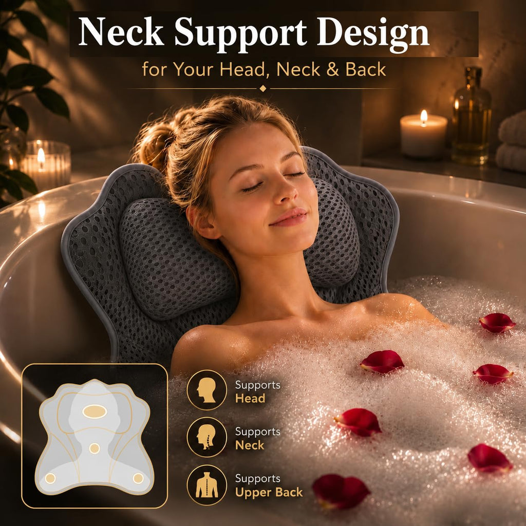 Luxe Bath Pillow for Tub Quick-Dry 4D Mesh,Head, Neck & Back Support (Gray)