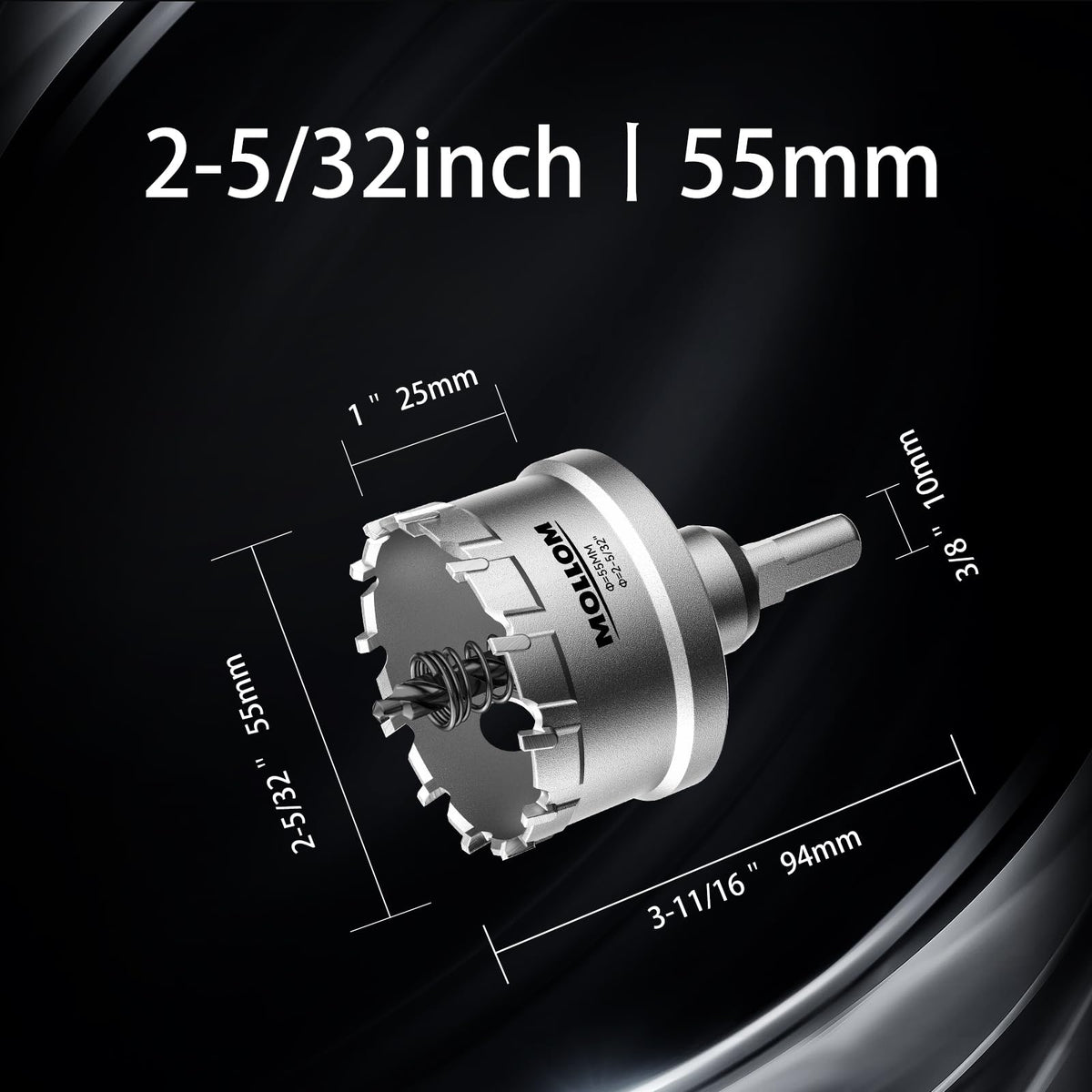 Mollom 2-5/32" (55mm) Heavy Duty Carbide Hole Saw with 2 Pilot Bits