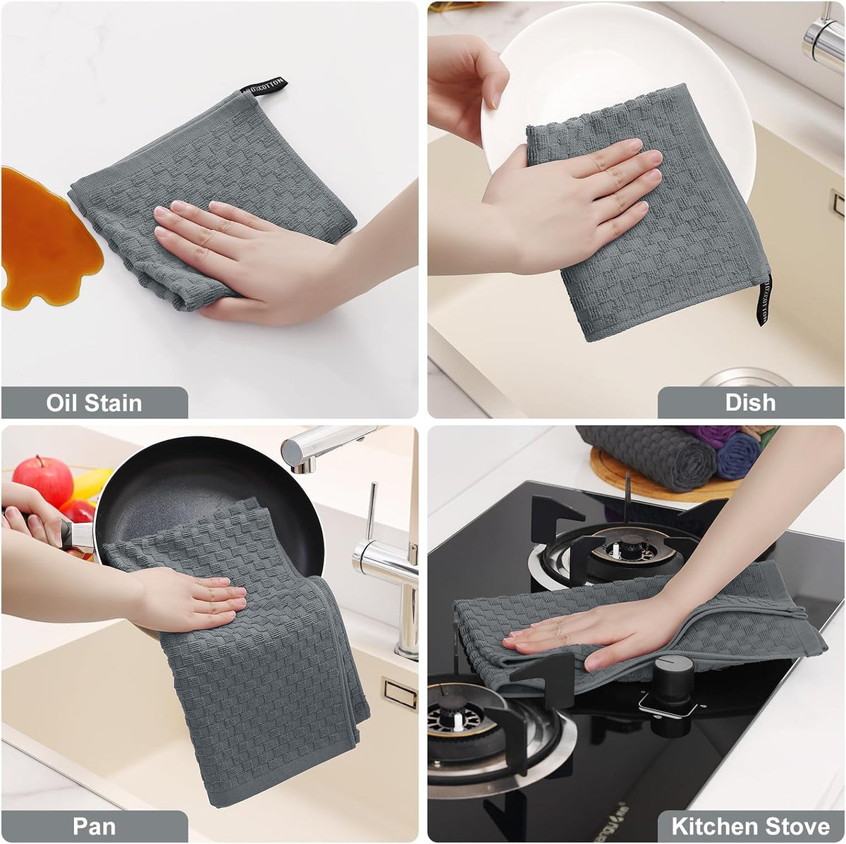 8 Pack 100% Cotton Kitchen Towels and Dishcloths Set, Dark Grey | 12 x 12 & 15 x 25 Inches, Terry Cloth Dish Towels