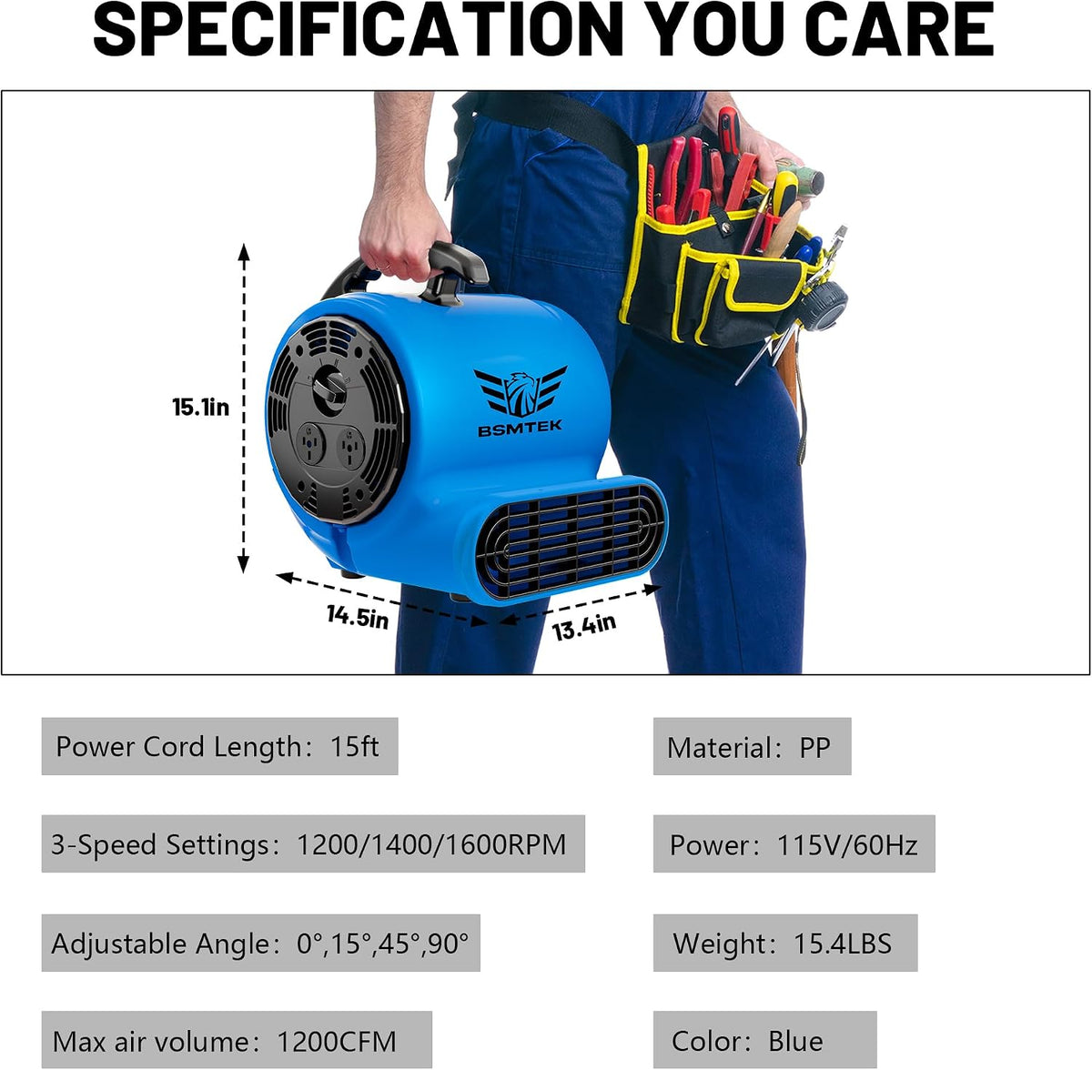 Air Mover Blower Fan, Industrial 1/3HP 1200CFM Monster Floor Blower Carpet Dryers - 3 Speeds Switch, 4 Adjustable