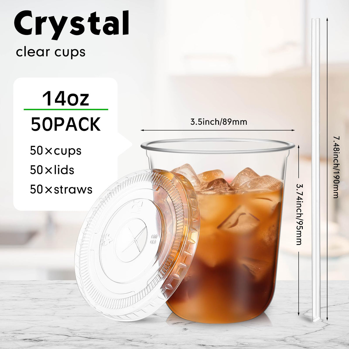 50 Sets 14 oz Clear Plastic Iced Coffee Cups with Lids and Straws