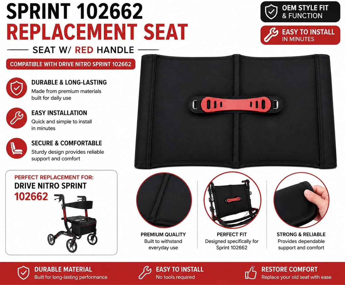 Sprint 102662 Replacement Seat – Durable Mobility Scooter Replacement, Compatible with Drive Nitro Sprint 102662, Easy Installation (Seat w/Red Handle)
