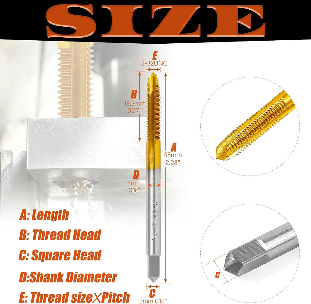 2Pcs 8-32 UNC Spiral Point Thread Tap for Stainless Steel and Metal