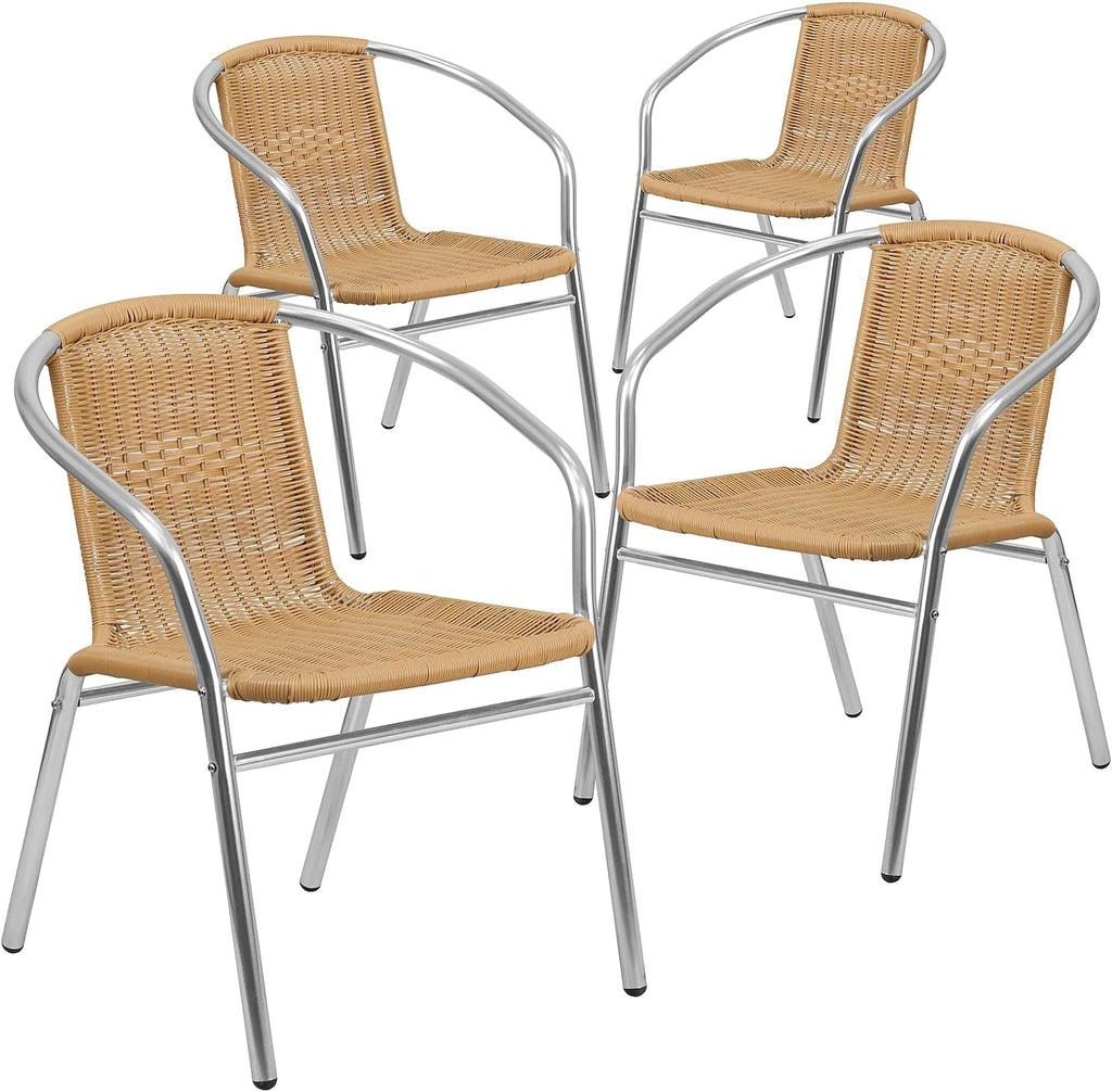 Lila 4 Pack Commercial Aluminum and Beige Rattan Indoor-Outdoor Restaurant Stack Chair