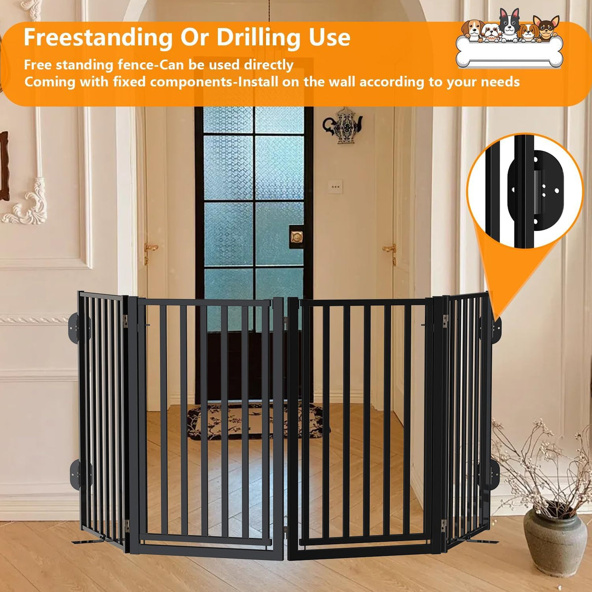 36" Tall Freestanding Heavy-Duty Steel Folding Pet & Dog Barrier Gate with Walk-Through Swing Door for Wide Indoor Openings, Hallways & Stairs